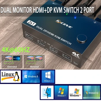2 порта, совместимый с DP + HDMI, KVM-коммутатор с двойным дисплеем, USB-концентратор, разветвитель, адаптер Type-c, KVM-коммутатор, 4k @ 60Hz, Многофункциональный Игровой коммутатор