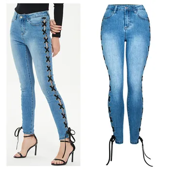 2023 Абсолютно Новые модные Женские Джинсовые брюки-карандаш, Джинсы-стрейч на шнуровке, Брюки с высокой талией, Женские узкие джинсы, брюки