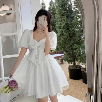 2023 Весенне-летнее Платье Феи с милым бантом, Женское модное Корейское белое мини-платье, Повседневное офисное женское цельное платье с пышными рукавами