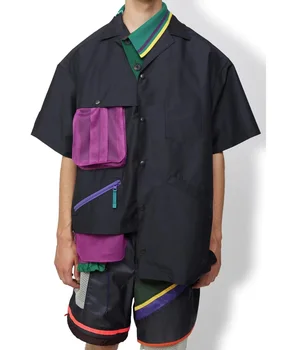 23SS ЦВЕТ Abe Runyi, Японская двухцветная Свободная Рубашка с Нерегулярными Лацканами, Контрастный цвет Сетки, Короткий рукав, для Мужчин, Новое Поступление