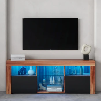 4 стиля 145 см, современная 57-дюймовая подставка для телевизора, матовый корпус, глянцевые фасады, тумба для телевизора с 16 цветными светодиодами [US-W]
