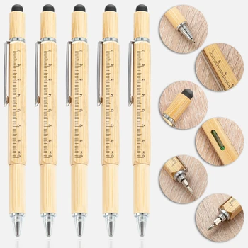 50 шт. Многофункциональная бамбуковая ручка для инструментов, отвертка 6 в 1, уровнемер, емкостная ручка, шестигранная шариковая ручка