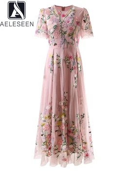 AELESEEN, Модное женское платье для подиума, Летнее Высококачественное Сетчатое Платье с вышивкой в виде цветов, Розовое Элегантное Длинное праздничное платье для отпуска