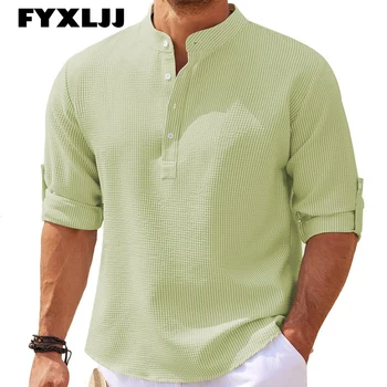 FYXLJJ/ Модная Мужская рубашка С длинным рукавом и воротником-стойкой, однотонная блузка, Рубашки, Мужские Рубашки в клетку на пуговицах, Повседневные пуловеры, Футболки, топы