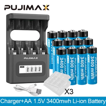 PUJIMAX 4-слотное ЖК-умное Зарядное устройство Type C Для зарядки + AA1.5V 3400mWh Литиевая Аккумуляторная батарея С коробкой Для будильника