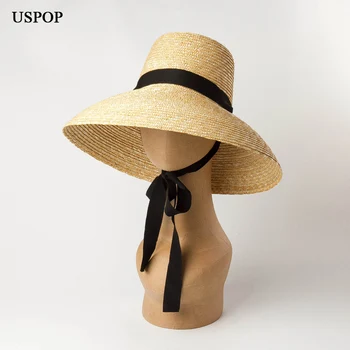 USPOP 2020, Новые летние шляпы для женщин, шляпы из натуральной пшеничной соломы с высоким плоским верхом, длинные солнцезащитные шляпы на шнуровке с широкими полями, пляжные шляпы