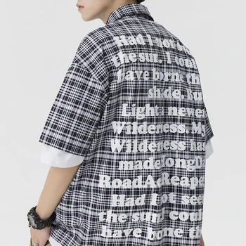 Американская уличная хип-хоп Ретро Рубашка с короткими рукавами Летняя клетчатая надпись с граффити OversizeY2K High Street Повседневный топ Мужская одежда