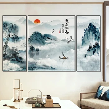 Большая Фреска в Китайском стиле, Пейзаж, Роспись тушью, Наклейки на стены, Украшение стен в гостиной, Настенный Стикер, Декор для домашнего Офиса, Искусство