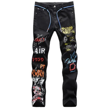Весенние Мужские Джинсовые брюки с принтом в виде граффити на пуговицах, Тонкие Модные Моющиеся Дышащие эластичные мужские повседневные джинсы в стиле хип-хоп