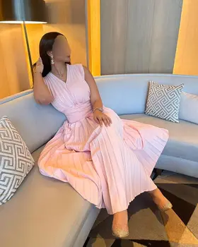Винтажные розовые Длинные платья для вечеринок с V-образным вырезом, плиссированное платье длиной до щиколоток, Вечернее платье для официальных мероприятий в Саудовской Аравии