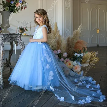 Голубое детское платье в цветочек для девочек, Голубое кружевное бальное платье без рукавов из тюля с 3D цветочным рисунком, свадебные платья для подружек невесты, платья