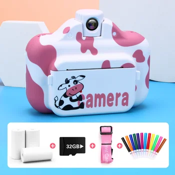 Детская Беспроводная WIFI камера мгновенной печати, термобумажный принтер с изображением мультяшной коровы, видеоигра с разрешением 1080P, HD, детская цифровая камера, игрушки