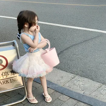 Детская одежда 2023, Новая Модная Весенне-летняя трикотажная рубашка на шнуровке для девочек в Корейском стиле, Юбка Принцессы, Комплект из двух предметов