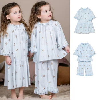 Домашняя одежда для девочек, Новинка Весны 2023 года, Голубая Пижама для девочек с принтом, Пижамные брюки, Хлопковая Модная Ночная рубашка для девочек, Детская одежда