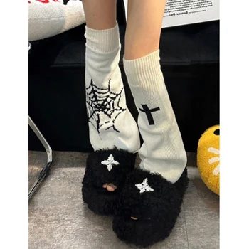 Женские носки Y2k Harajuku с двойным надеванием спереди и сзади, Осенние Утепленные Гетры Jk, Чулочно-носочные изделия с гранжевым принтом в виде паутины