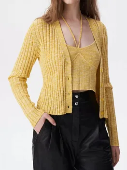 Женский вязаный кардиган с длинным рукавом, ранняя осень, тонкий свитер с V-образным вырезом, однобортный однотонный свитер, топ для женщин