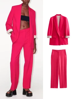 Женский костюм TRAF с блейзером, комплект из 2 предметов, Осенний модный офисный блейзер + брюки, комплекты из двух предметов, женская одежда