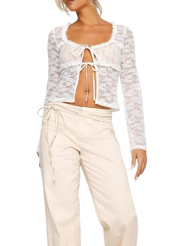 Женский укороченный топ из прозрачной сетки и кружева с длинным рукавом, сексуальная приталенная блузка с глубоким вырезом, Прозрачная клубная одежда