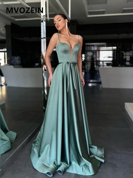 Женское вечернее платье Mvozein Зеленого цвета 2023, Атласное Платье Трапециевидной формы на бретельках с V-образным вырезом, Длинные Платья для выпускного вечера в пол