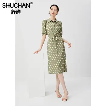 Женское летнее платье в горошек от Shuchan Vestidos De Verano Mujer 2023 трапециевидной формы до середины икры с отложным воротником из 90% натурального шелка