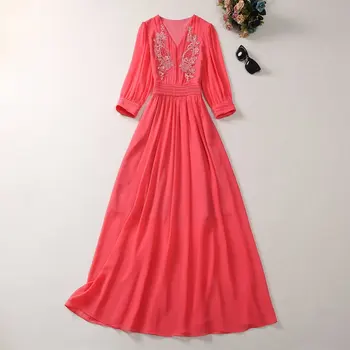 Женское платье в европейском и американском стиле 2023, летний новый стиль, V-образный вырез, рукав с семью точками, модное плиссированное платье XXL