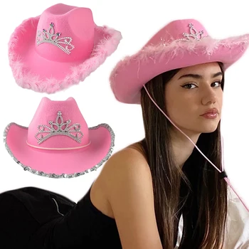 Западные ковбойские шапки розовые пастушка Hat для женщин, девушка тиара, девушка-ковбой шляпа праздник, костюм партия шляпа блесток перо края Фетровая кепка