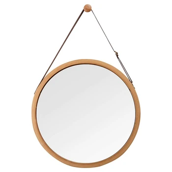 Зеркало, подвесное круглое настенное зеркало в ванной комнате и спальне - массивная бамбуковая рама и регулируемый кожаный ремешок, зеркало с подсветкой