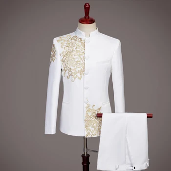 Изготовленные на заказ мужские костюмы в китайском стиле для свадьбы, Блейзеры с золотой вышивкой, костюм ведущего выпускного вечера, костюм-двойка (куртка + брюки)