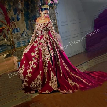 Красное Вечернее платье в Арабском стиле из Дубая для Женщин, Трапециевидное, с Длинными рукавами, С аппликациями, расшитыми бисером , для Свадебной вечеринки