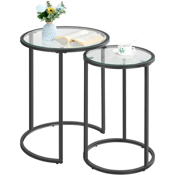 Круглый металлический приставной столик из 2 предметов со стеклянной столешницей для гостиной,