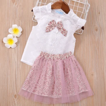Летняя Рубашка + Сетчатая юбка с цветочной строчкой, Комплект из 2 предметов для девочек, Детская Одежда, Детская Одежда для девочек на 3-7 лет