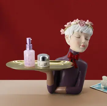 Лоток для хранения мальчика с цветочной головой в скандинавском стиле, Скульптура из смолы, Украшения для дома, гостиной, рабочего стола, ремесла, Украшения для обеденного стола