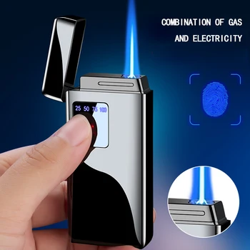 Металлическая газовая и электрическая зажигалка с синим пламенем, светодиодный цифровой дисплей, сенсорный датчик мощности, Ветрозащитная зажигалка для сигар с струйным пламенем