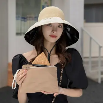 Модная повседневная уличная дорожная однотонная пляжная летняя шляпа рыбака с большими полями, солнцезащитная шляпа с бантом, женская кепка-ведро