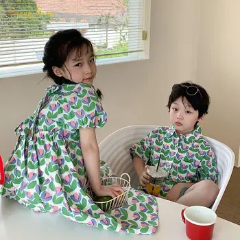 Модное детское хлопковое летнее платье для брата и сестры с коротким рукавом на каждый день с цветочным рисунком, повседневная рубашка для мальчиков, от 1 до 12 лет