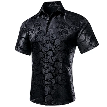 Мужские рубашки с коротким рукавом из черного Шелка, весна-лето, жаккардовая рубашка с узором Пейсли, блузка, мужская Дышащая Повседневная официальная Блузка Оверсайз