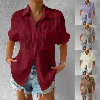 Негабаритные Плиссированные рубашки на пуговицах для женщин, Летние Однотонные Свободные рубашки большого размера с длинной хлопковой текстурой, женские офисные топы