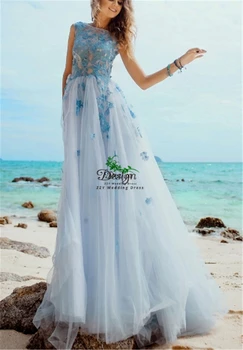 Новейший небесно-голубой тюль с объемными 3D кружевными аппликациями, Иллюзионные свадебные платья трапециевидной формы Со стреловидным шлейфом, пляжное свадебное платье на заказ