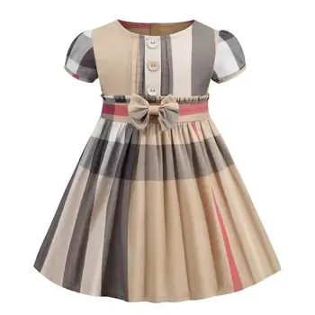 Новое Клетчатое платье для девочек, Летнее Детское Платье, Детское платье с коротким рукавом и пуговицами и бантом, Платье Принцессы