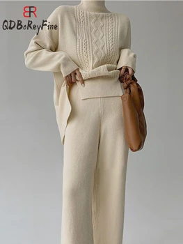 Новые Элегантные комплекты из двух предметов для женщин, спортивный костюм, пуловер с длинными рукавами и широкие брюки, комплекты женских вязаных свитеров