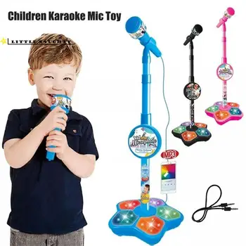 Песня для караоке, музыкальный инструмент, игрушки для тренировки мозга, Обучающая игрушка, Пластиковый светодиодный детский микрофон с подставкой, подарок на День рождения для девочек и мальчиков