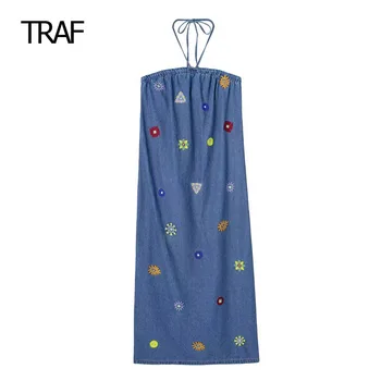 Платье с вышивкой TRAF Midi, Летние платья для женщин 2023, Свободное синее платье-комбинация с открытой спиной, Женское цельнокроеное платье