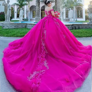 Розовые Пышные Платья Doymeny, Мексиканские Пышные Кружевные Платья с 3D Цветами, Пышные Бальные Платья с открытыми плечами и Аппликацией, Роскошные Vestidos De