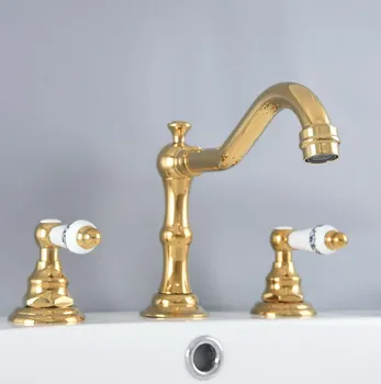 Роскошный золотой полированный латунный смеситель для раковины в ванной комнате с 3 отверстиями и 2 ручками