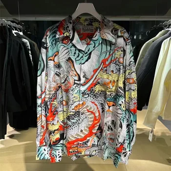 Рубашка WACKO с японским полноэкранным принтом, очень большая закручивающаяся пуговица, Прибрежная пляжная рубашка с длинным рукавом S-XL