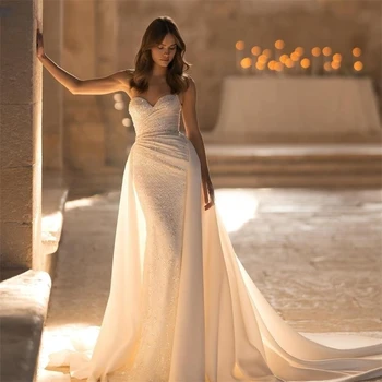 Свадебное платье без рукавов, расшитое пайетками, Свадебные платья в складку, Атласный съемный шлейф из двух частей, Индивидуальный размер Robe De Mariee