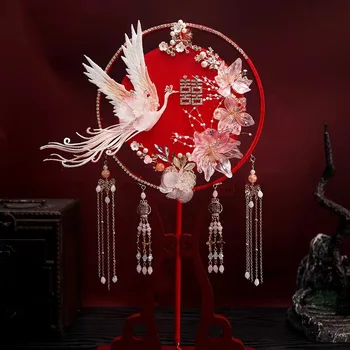 Свадебный декоративный веер, Антикварные ручные веера для невесты, Винтажные свадебные веера в китайском стиле, тканевый веер Феникс