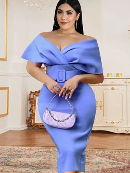Синие платья Большого размера с открытыми плечами, Сексуальный V-образный вырез, Высокая талия, Облегающие Вечерние Платья для коктейлей на День рождения, Платье для Дам 2023
