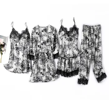 Элегантный и Сексуальный Пижамный комплект из пяти предметов, Женское Платье для Сна на Слинге из Ледяного Шелка, Шорты с длинной юбкой, Брюки, Идеально подходящие для домашней одежды