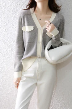 Яркий шелковый вязаный кардиган с длинным рукавом, женское короткое пальто, контрастный свитер, свободная верхняя куртка с V-образным вырезом, короткий свитер